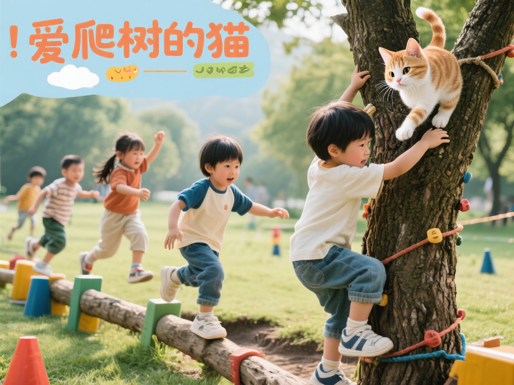 以“爱爬树的猫”为主题的游戏为例，孩子们可以在户外